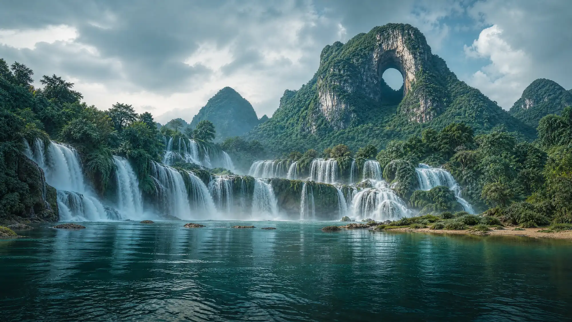 Southeast Asia's largest transnational waterfall sits on the Vietnam-China border. Angel Eye Mountain features a 50-meter hole piercing its karst peak.